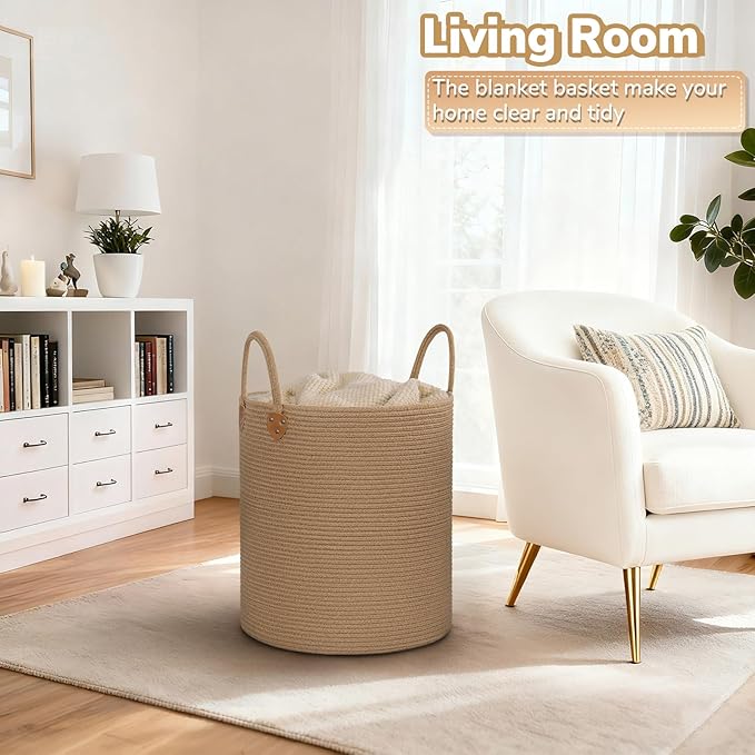 CHICVITA 70L Large Laundry Basket for Clothes, Jute Srorage Basket for Blankets Living Room, Tall Laundry Hamper for Home Décor, Wicker Woven Baskets for Nursery Toy Storage, 16" X 16" X 20"
