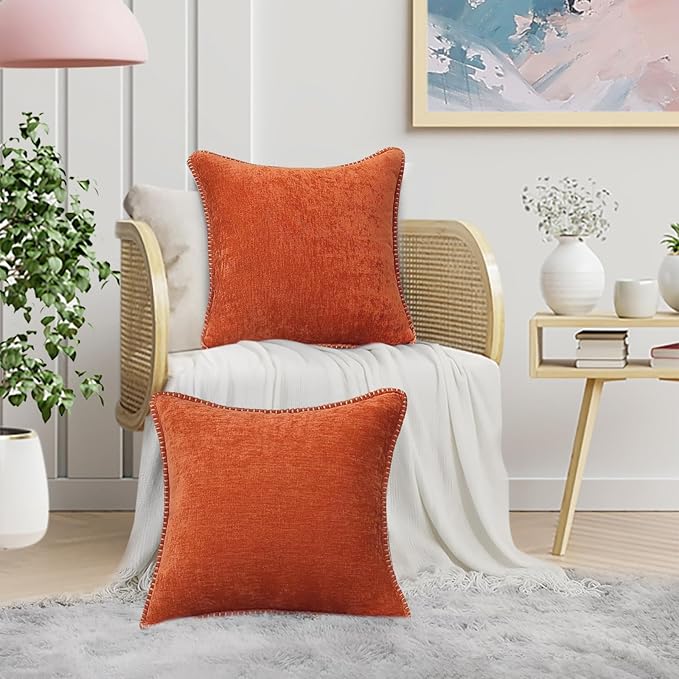 decorUhome Chenille Soft Cozy Throw Pillow Covers 18x18 Set of 2, Modern Farmhouse Boho Velvet Decorative Pillow Cases with Stitched Edge for Couch Sofa Bed Home Decor, Rust