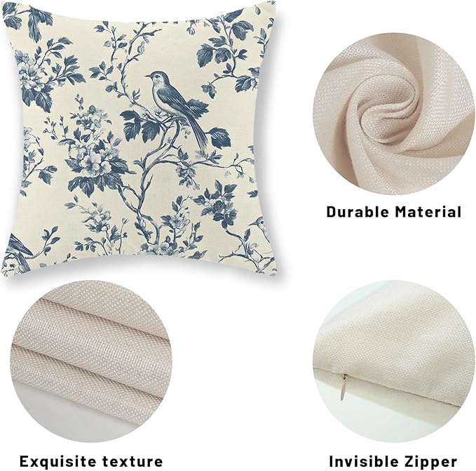 Chinoiserie Pillow Covers 18x18 Inch Set of 2 Blue Floral Bird Throw Pillows Vintage Blue Flower Decorations Pillow Cases Outdoor Chinoiserie Decor Farmhouse Linen Cushion Cover for Couch Home