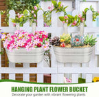 OBTANIM 4 Pack Metal Hanging Flower Pots Iron Railing Planter Outdoor Fence Hanging Pots Bucket Plant Holder with Detachable Hooks Drain Holes for Home Garden Yard Decor (White)