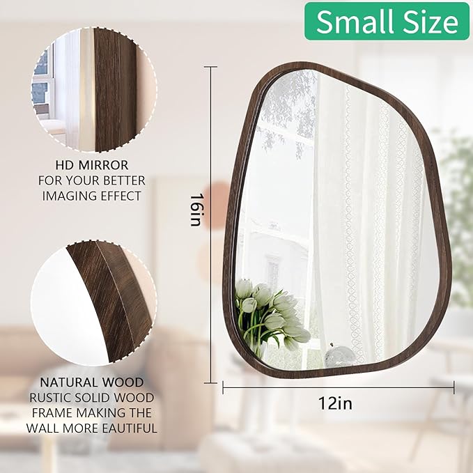 Irregular Wooden Framed Wall Mirror Modern Oval Asymmetrical Unique Hanging Mirror Artistic Wavy Mirror Decor Bathroom Vanity Bedroom Living Room Entryway Hallway Large Brown16 x12