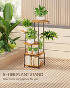 Plant Stand Indoor, 5-Tier Tall Plant Stand Indoor, Metal Plant Shelf with Hanging Basket Hook, Ideal Corner Plant Table for Living Room, Balcony, Garden, Patio (Brown)