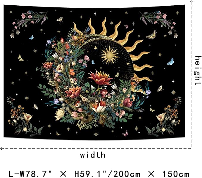 Racunbula Floral Plants Tapestry Sun and Moon Tapestry Retro Botanical Flowers Butterfly Tapestries Black Starry Sky Wall Art Vintage Boho Aesthetic Tapestries Wall Hanging for Bedroom