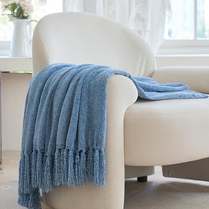 Simple&Opulence Soft Chenille Throw Blanket 50'' x 60'' - Cozy Fluffy Blanket with Fringe Tassel, Farmhouse Boho Blankets for Couch Bed Office Chair Gift Home Decor All Season Use, Blue