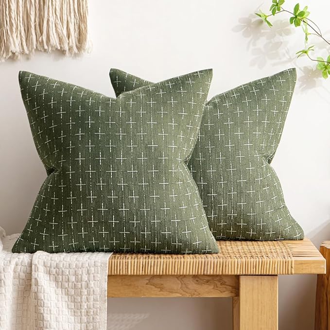 MIULEE Pack of 2 Decorative Burlap Linen Euro Sham Spring Throw Pillow Covers Modern Farmhouse Vintage Pillowcase Rustic Woven Textured Cushion Cover for Sofa Couch Bed 26x26 Inch Olive Green