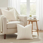 decorUhome Summer Cozy Faux Fur Throw Pillow Covers 12x20 Set of 2 Decorative Soft Plush Striped Lumbar Modern Farmhouse Boho Couch Pillow Cases with Velvet Back for Sofa Bed Living Room, Cream White