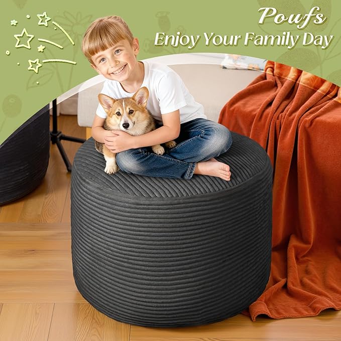 Round Corduroy Ottoman Foot Rest Pouf for Living Room Couch - Soft Plush Shredded Foam Filled Hassock Stool, Comfy Footstool