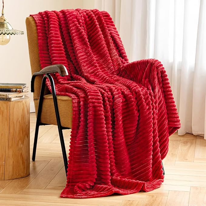 MIULEE Red Fleece Throw Blanket for Couch 300GSM Super Soft Lightweight Plush Striped Throws, Red Warm Cozy Breathable Ribbed Flannel Blanket for Bed/Sofa, Twin Size 60"x80"