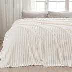 NEWCOSPLAY Super Soft Queen Blanket Ivory Premium Silky Flannel Fleece 3D Ribbed Jacquard Lightweight Bed Blanket All Season Use (Ivory Ribbed, Queen(90"x90"))