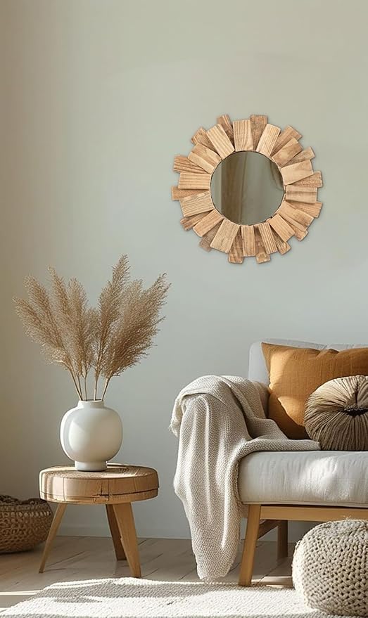 Rustic Driftwood Round Wall Mirror – Natural Wooden Frame Decorative Mirror for Farmhouse Coastal Boho Home Décor – 12" Sizes for Bathroom, Living Room, or Entryway