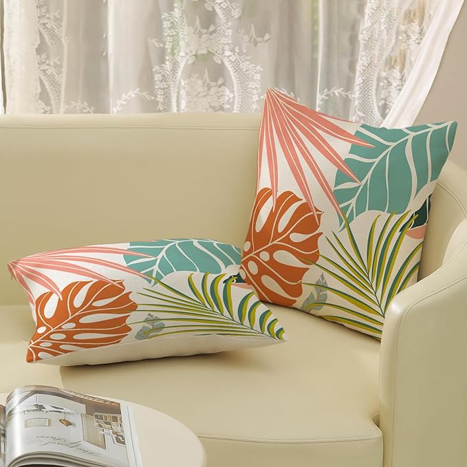 Summer Tropical Pillow Covers 18x18 Set of 2, Monstera Palm Leaf Pillowcase Green Orange Botanical Coral Summer Throw Pillows Outdoor Decor Farmhouse Cushion Case Linen Decorative for Home