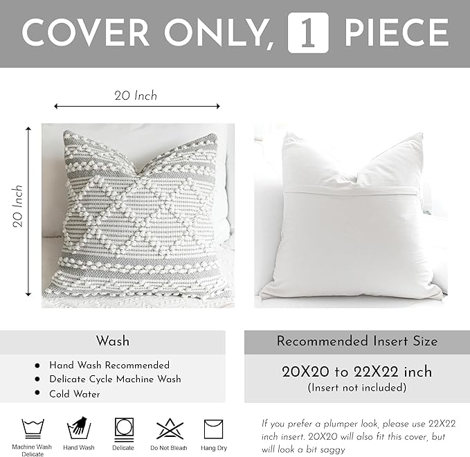 BlissBlush Gray White Decorative Throw Pillow Cover 20X20, Boho Accent Pillow for Couch, Square Modern Farmhouse Pillowcase for Living Room Couch Sofa Cushion Home Décor (Pack of 1)