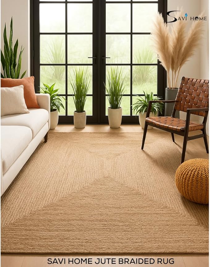 Hand Woven Farmhouse Jute Area Rug 6x9 Ft Rectuangle Natural Yarn, Rustic Vintage Beige Braided Reversible Rug, Eco Friendly Rugs for Bedroom, Kitchen, Living Room, Farmhouse 100% Jute Rug - Natural
