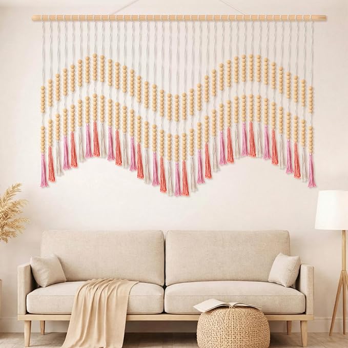 Tiamon Boho Wall Decor - 59'' W x 42'' L Macrame Wall Hanging Beaded Large Tapestry Art for Home Bathroom Farmhouse Bedroom Living Room Office Natural Modern Rustic Decoration