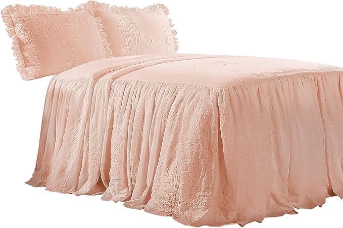 Lush Decor Ruffle Skirt Bedspread Set - 3-Piece Luxurious Farmhouse Bedding - Elegant Ruffle Detail - Timeless Style - Soft Lightweight Sheets - Queen, Blush