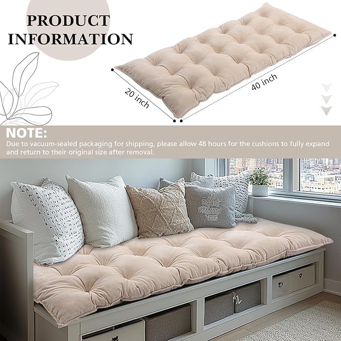 Bench Cushion for Indoor Furniture 40x20 in Velvet Thicken Indoor Window Seat Cushion, Soft Piano Sofa, Entryway Storage, Bay Window Tufted Patio Porch Swing Bench Pad Memory Foam(Ivory)
