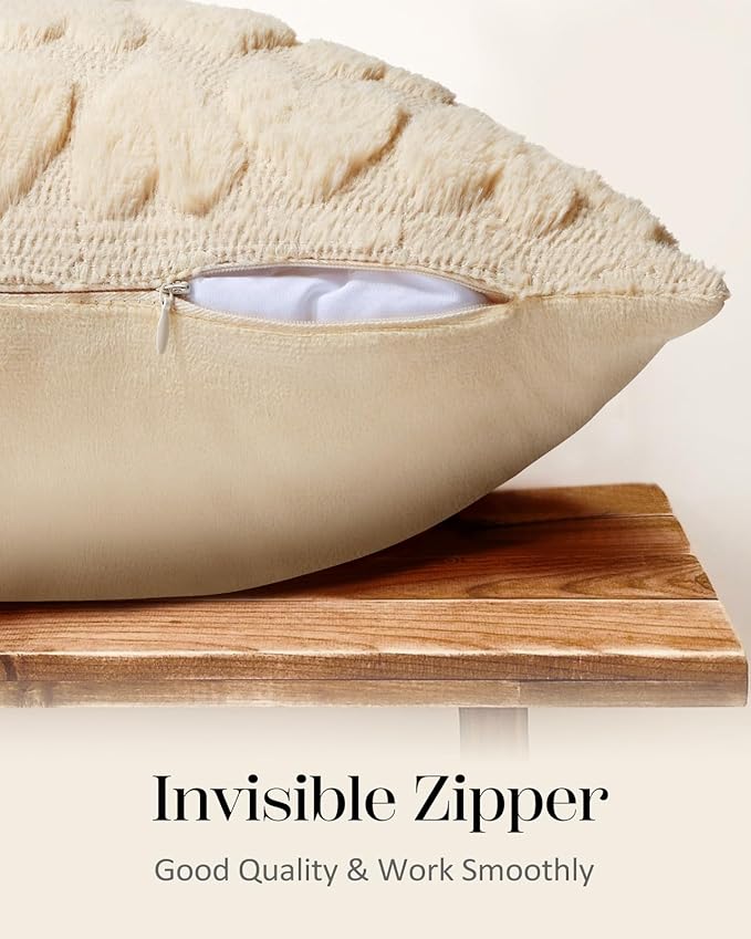 18x18 Throw Pillow Cover - Fluffy Plush Decorative Pillow Cover with Zipper Aesthetic Cute Design Soft Cozy Throw Pillowcase for Living Room Couch Sofa Bed, Beige Heart