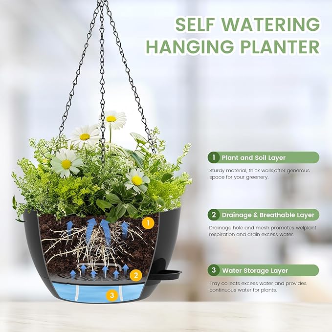 3 Pack 10 Hanging Flower Pots with Chains Self Watering Plastic Planters for Indoor Outdoor Plants, Sturdy Triangular Iron Chain Design for Garden PorchPlastic Hanging Flower pots (3, Black)