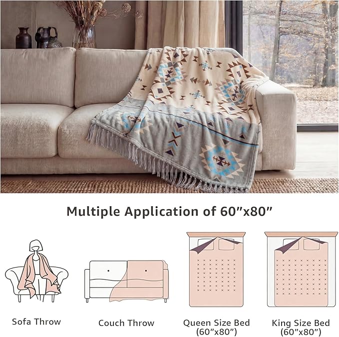 CASAAGUSTO Boho Throw Blanket - Green and Beige Decorative Blankets with Tassel, Printed Flannel Bohemian Blanket for Chair, Bed, Sofa, Couch(60 * 80, Green and Beige)