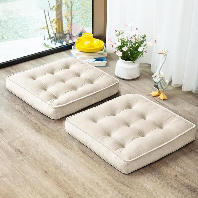 Floor Pillow Set of 2, Memory Foam Meditation Cushion, Floor Cushions for Adults Sitting, Large Square Seat Cushions for Yoga, Living Room, 22x22 Inch (Off-White)