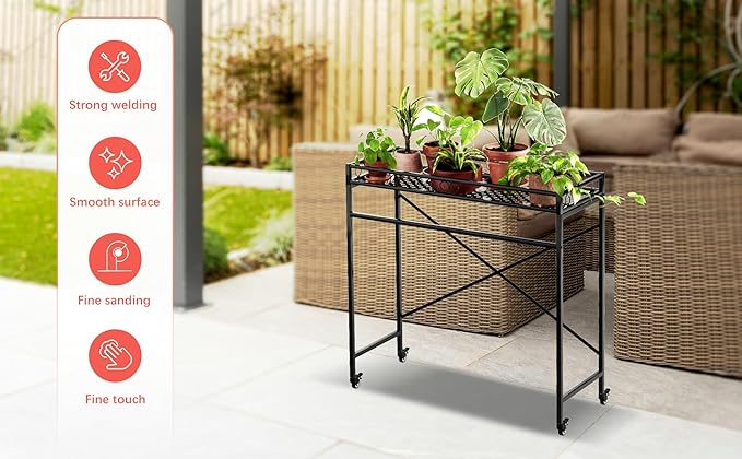 Zhongma 1 Tier Window Height Sturdy Metal Plant Stand with Wheels, 40.5x16x40.4 in High, Heavy Duty Succulent Shelf for Home Indoor and Outdoor, 220 LBS Capacity & Heavy Duty Construction