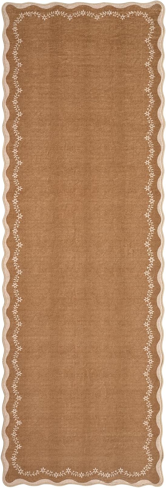GarveeHome 2.5x8 Scalloped Washable Runner Rug for Kitchen, Soft Brown Long Hallway Runner Non Slip Entryway Rug Farmhouse Thin Laundry Mat Stain Resistant Carpet for Bathroom Beside Rug