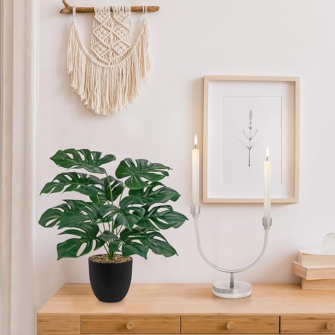 Briful Lush Artificial Monstera Plant - Realistic Green Leaves, Stylish Black Pot, 14.9-Inch Tall, Fake Plants for Home & Office Farmhouse Wedding Decor (2 Piece)