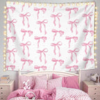 LIANGW Coquette Pink Bow Tapestry Wall Hanging, Coquette Preppy Room Decor, Pink Girly Aesthetic Wall Blanket Decor for Girls Room Dorm Apartment, 50x60 Inch