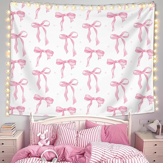 LIANGW Coquette Pink Bow Tapestry Wall Hanging, Coquette Preppy Room Decor, Pink Girly Aesthetic Wall Blanket Decor for Girls Room Dorm Apartment, 50x60 Inch