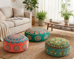Orange Round Velvet Pouf Cover - Soft Embroidered Ottoman Slipcover with Moroccan Design, 24 Inch Diameter, Ideal for Living Room, Bedroom, or Meditation Space - Decorative Floow Pillow Cushion