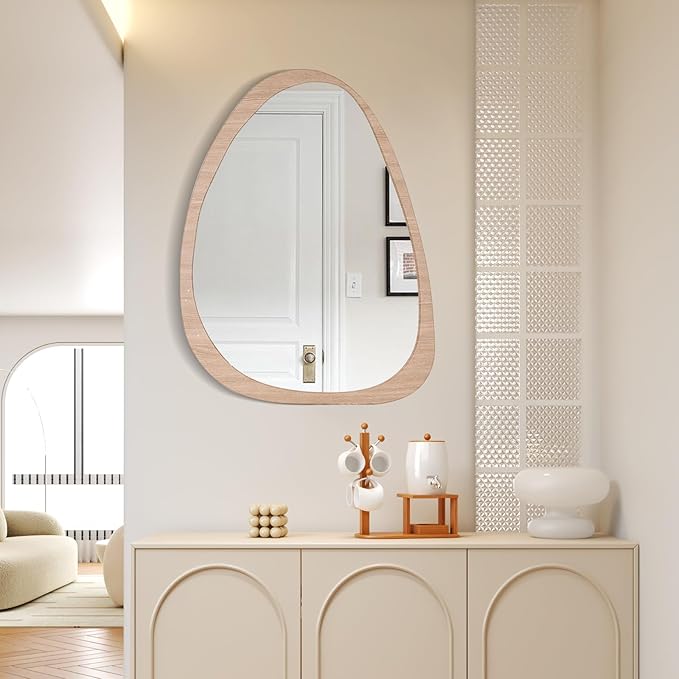 Asymmetrical Wood Frame Wall Mirror, Irregular Organic Decorative Wall-Mounted Mirror for Living Room, Bedroom & Entryway, Modern Mid-Century Boho Accent Mirror 24" x 35"