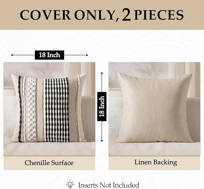 ANRODUO Pack of 2 Boho Decorative Throw Pillow Covers 20x20 Farmhouse Cushion Case Striped Chenille Pillow Cases Square Pillow Covers Accent Neutral Pillowcase for Sofa Couch Bed, Black-White Stripe