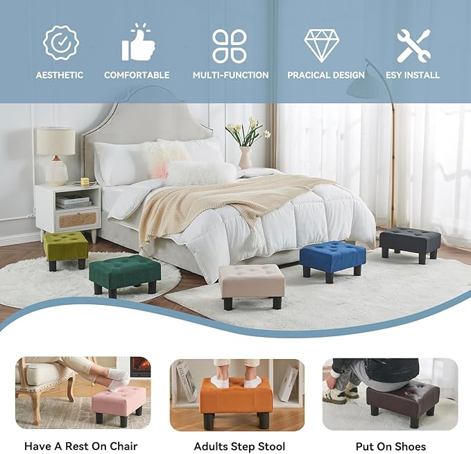 Poofzy Small Foot Stool Ottoman, Linen Ottoman Foot Rest with Legs, Rectangle Foot Rest for Couch, Footstools and Ottomans Small for Living Room and Entryway (Gray)