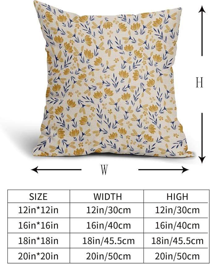 Navy Blue Yellow Floral Pillow Covers 16x16 Set of 2 Vintage Rustic Old Style Cute Small Flower Print Decorative Outdoor Pillowcases Farmhouse Throw Cushion Case Decor for Couch Sofa Bed