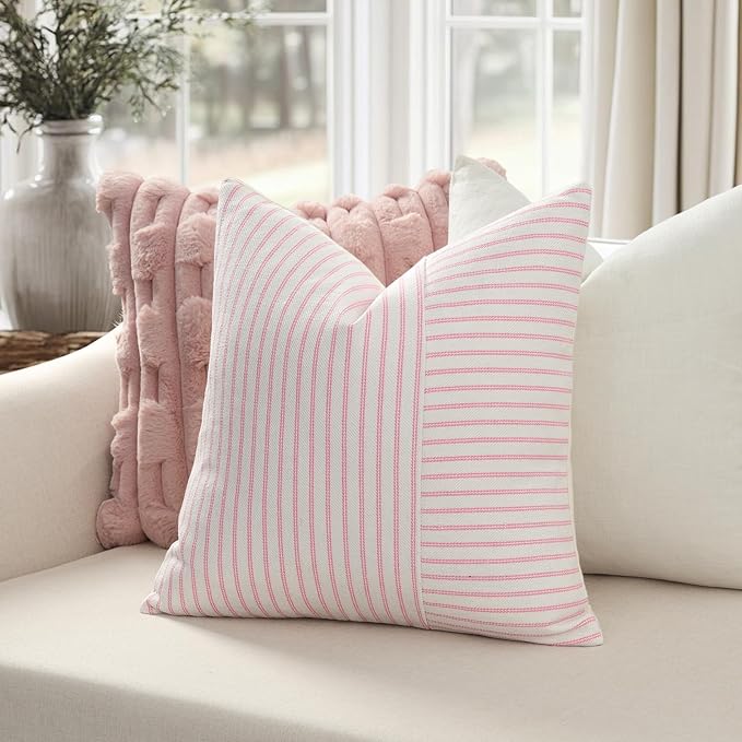 YCOLL Valentines Pillow Covers 18x18, Modern Accent Square Throw Pillow Covers Set of 2, Pink and Beige Striped Patchwork Linen Decorative Cushion Covers for Couch Chair Bedroom Home Decor