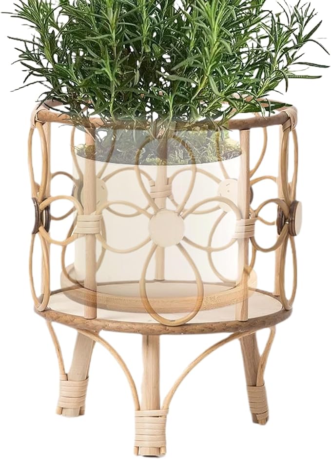 Plant Stand Hollow Stool - 31x26x25cm, Wood ABS Material, Rustic Brown, Pot Holder Shelf, Boho Display Rack | Creative Handwoven Rattan Style for Balcony Patio Living Room Indoor Garden Decor
