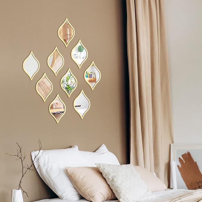 Tanlade 9 Pcs Wall Mirrors Decorative Teardrop Gold Mirror Decor Acrylic Wall Mounted Decorations Art Boho Vintage Farmhouse Gifts for Living Room Bedroom Bathroom Vanity Entryway 9.8 x 6.7 Inch