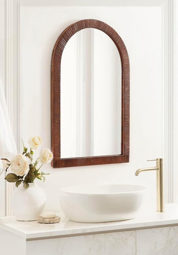 Kate and Laurel Rahfy Boho Arched Rattan Mirror; 20 x 30; Brown; Decorative Arch Wall Mirror with Authentic Rattan Frame for Vanity Bathroom Mirror