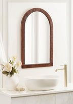 Kate and Laurel Rahfy Boho Arched Rattan Mirror; 20 x 30; Brown; Decorative Arch Wall Mirror with Authentic Rattan Frame for Vanity Bathroom Mirror