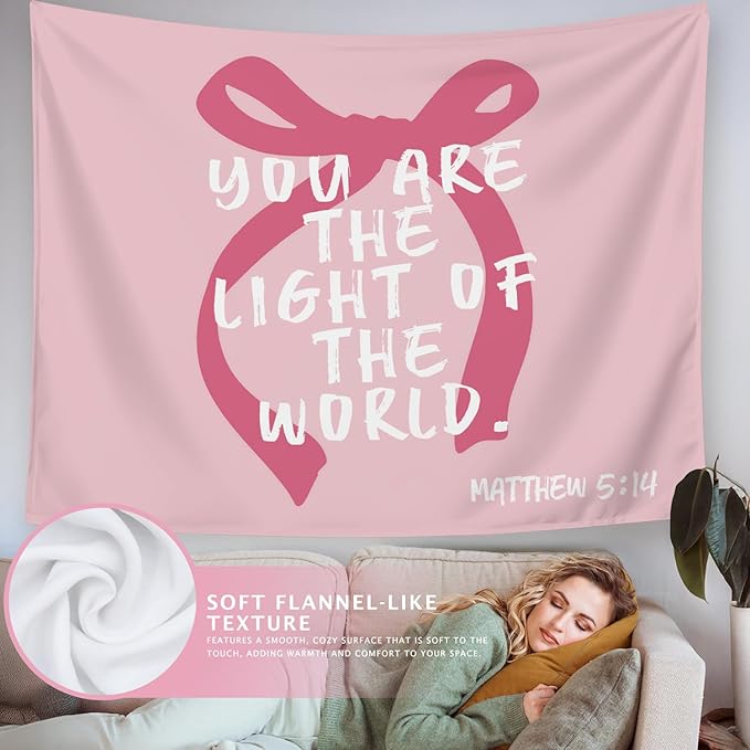 LIANGW Pink Coquette Bow Christian Tapestry, Inspirational Christian Tapestry for Women, Indoor Outdoor Wall Art for Bedroom, Girl Room Decoration Living Room Bedroom 50x60 inches