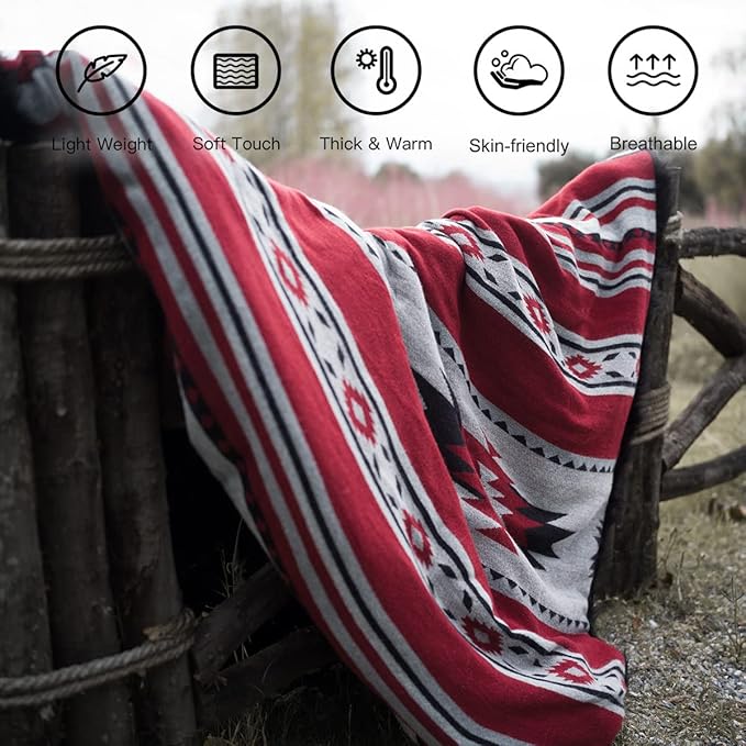 Aztec Patterned Throw Blanket with Soft Sherpa Lining, Traditional Southwestern Navajo Tribal Style Warm Throw for Camping, Outdoor, Light Weight Cozy Boho Blanket for Couch, Sofa, Bed, 50”x60”, Red
