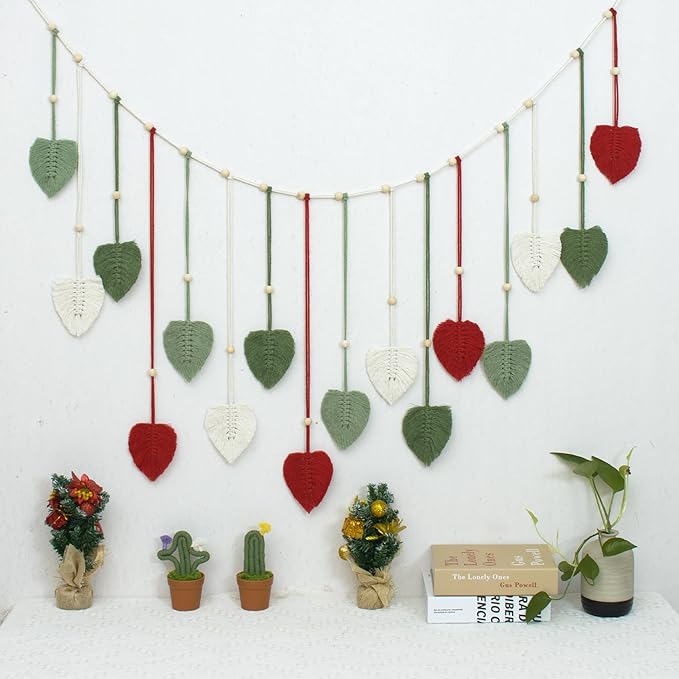 HVEST Christmas Macrame Wall Hanging Large- Boho Decor- Handmade Leaves Woven Tapestry for Bedroom- Red Green White Christmas Ornaments- Macrame Wall Art for Living Room Xmas Decorations, 29.5L X 47W