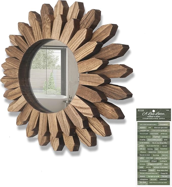 CEYAZYE Wooden Wall Mirror Decorative, Rustic Wood Mirror Decor 12in/30cm Sunburst Boho Hanging Mirrors for Bedroom Living Room Bathroom Entryway Farmhouse Home Gift with Nice Sticker Decals