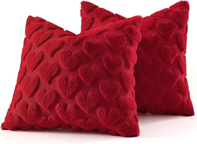 decorUhome Valentine’s Day Soft Plush Throw Pillow Covers 18x18 Inch Set of 2, Faux Fur Red Heart Decoration Neutral Square Pillow Covers for Couch Sofa Bed Cozy Farmhouse Holiday Decor