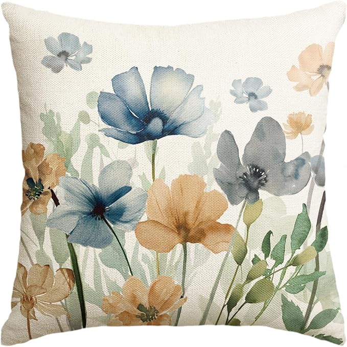 AVOIN colorlife Poppy Flowers Chinoiserie Spring Throw Pillow Cover, 18 x 18 Inch Light Brown Blue Seasonal Leaves Cushion Case Decoration for Sofa Couch Farmhouse
