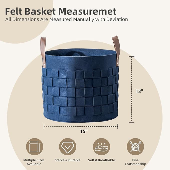 BOLDMONKEY Blankets Basket 15" x15 " x13 " 2 Pack, Felt Storage Baskets for Organizing Round, Living Room Dog Toy Bin for Dirty Clothes, Pillows, Towel-Navy Blue