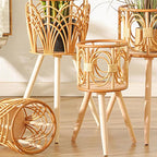 Rattan Indoor Plant Stand Straw Woven Flowers Pot Holder Stool With Legs Floor Planter Baskets Rack Wooden Plant Shelf