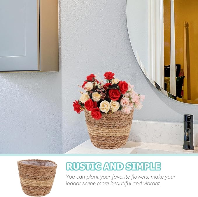 Veemoon Woven Plant Basket for Indoor Plants, Handwoven Seagrass Flower Planter with 18cm Diameter, Rustic Boho Style Decorative Pot for Home and Office Greenery