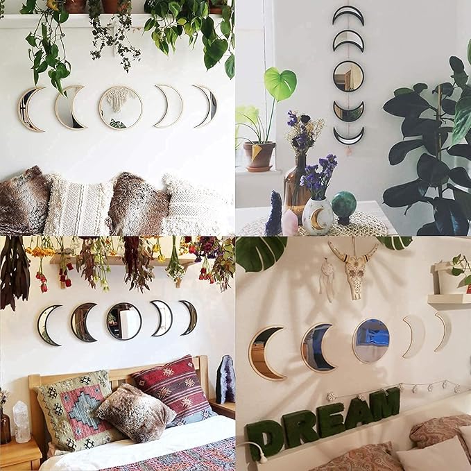 MAXROCK Scandinavian Natural Decor Acrylic Moonphase Mirrors, Moon Phase Mirror Set, Bohemian Wall Decoration for Living Room Bedroom（Not Actual Mirror)