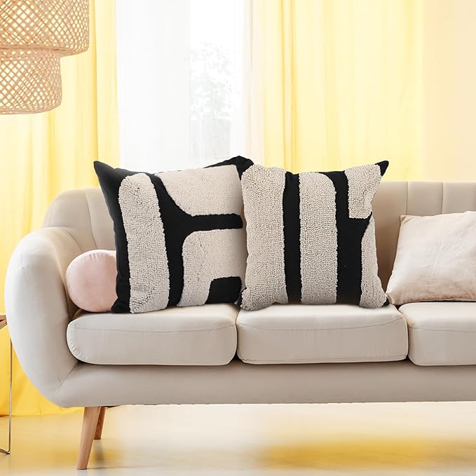 Oudain 2 Pcs Black and White Tufted Pillow Covers Boho Chunky Geometric Decorative Throw Pillow Case 18 x 18 Inches Abstract Pillowcases for Bed Couch(White, Black, Classic Style)